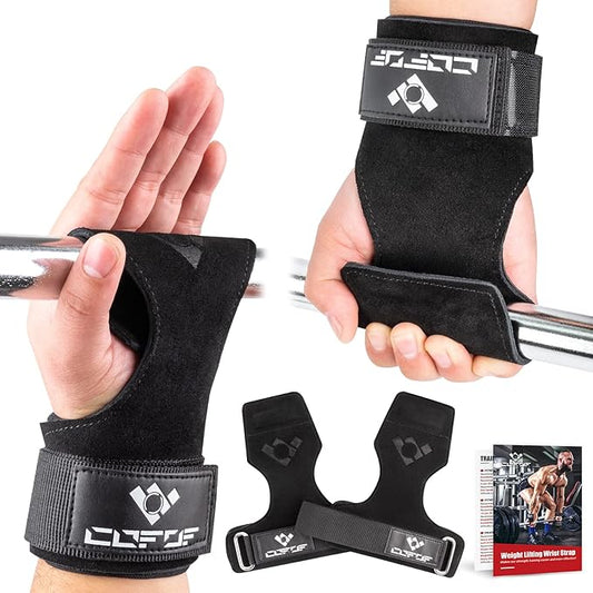 Weight Lifting Wrist Strap, Double Layer Leather Wrist Strap for Deadlift and Powerlifting, Adjustable Neoprene Padded Gym Workout Lifting Hooks (Pair)