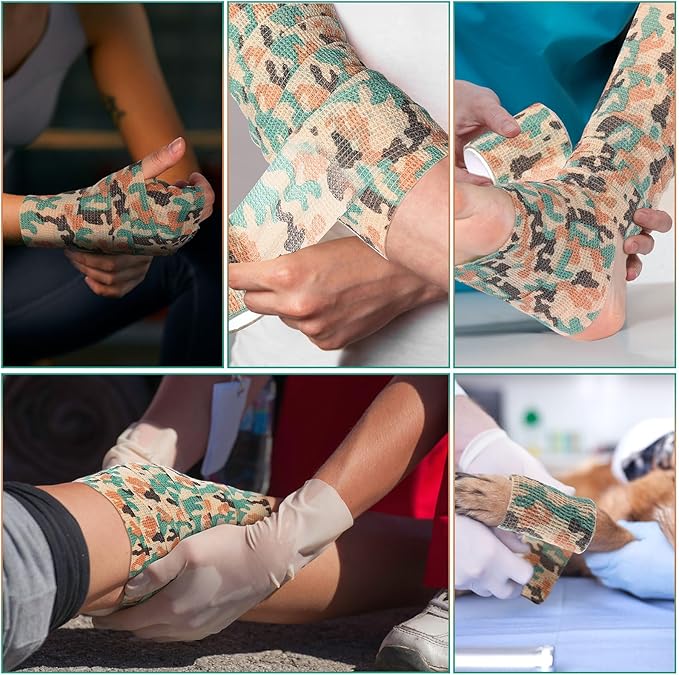 Treela 48 Pack Self Adhesive Wrap Bandage Bulk, 2 Inches X 5 Yards Self Adherent Cohesive Bandage Elastic Athletic Tape Breathable Wound Tape for Stretch Athletic Sports Wrist Ankle(Green Camo)