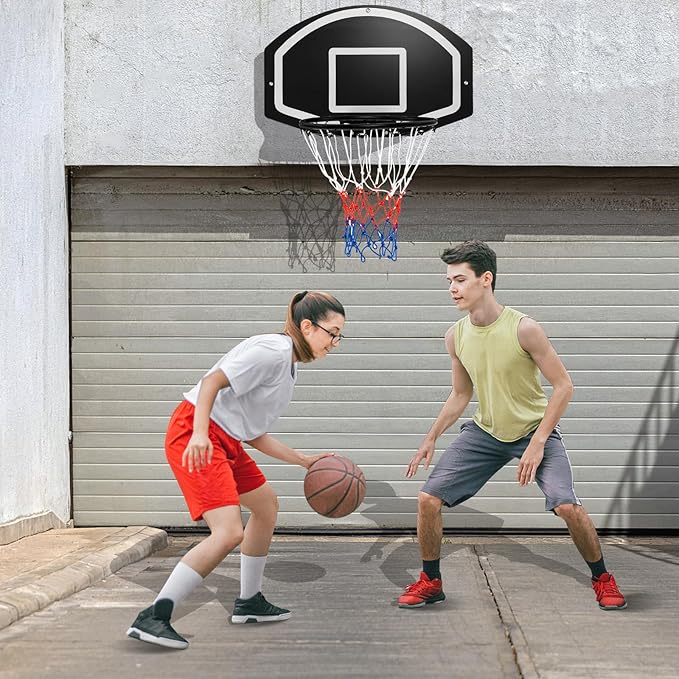 Goplus Wall Mount Basketball Hoop, 28.5’’ x 18’’ Large Backboard with 17’’ Rim, Shatter-Proof Backboard, All-Weather Net, Door Wall Mounted Indoor Outdoor Basketball Playset for Backyard Family Games