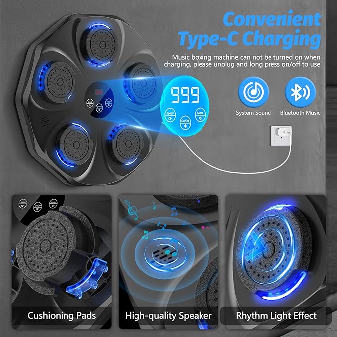 Music Boxing Machine, Interactive Punching Trainer with Boxing Gloves, Large Size Wall Mounted Electronic Boxing Target for Kids, 9 Modes & 9 Speeds