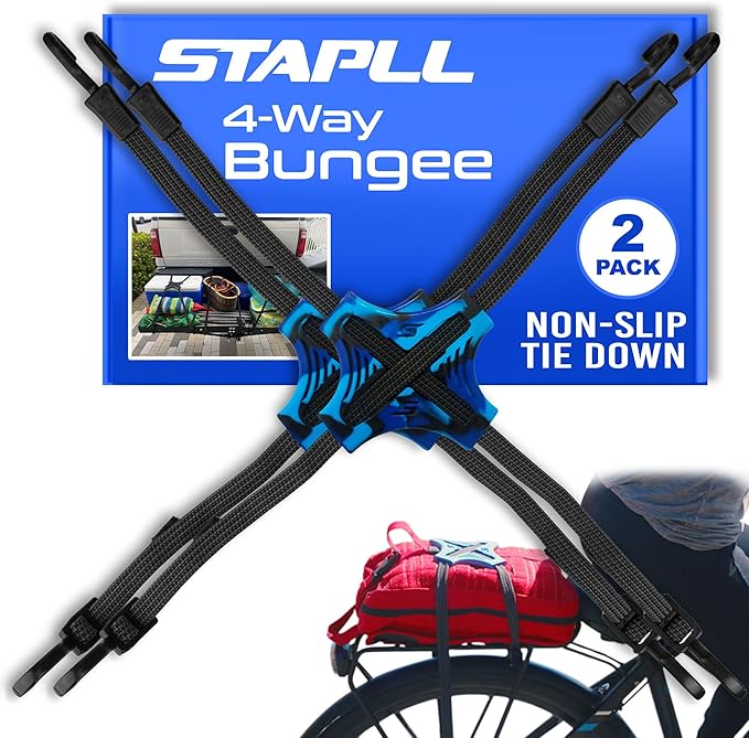 Tack Strap – 4-Way Flat Bungee Cord with Rubber Pad Grip, Non-Slip Tie Down Straps for Motorcycle, ATV, Kayak, Cycling, Camping, Truck Storage, Adjustable Bungee Cords - 2 Pack (Black & Blue)