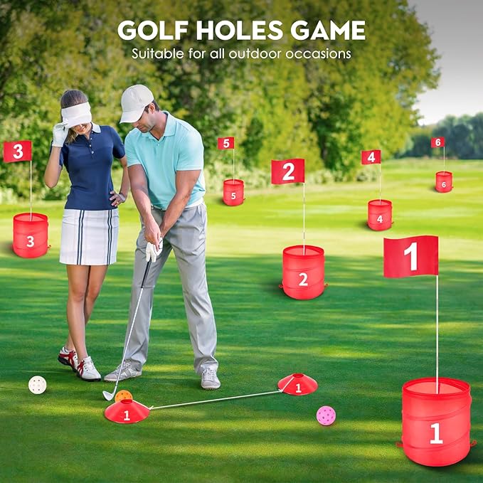 Golf Bucket Outdoor Yard Games, Golf Practice Toys for Family, Adults and Kids, Portable Golf Course for Backyard, Lawn, Park, Beach, Camping (3 Hole Course)