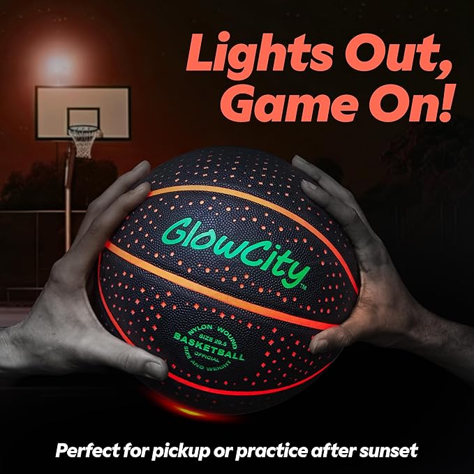 GlowCity Glow in The Dark Basketball - Sizes 5, 6, 7 Light Up Ball for Kids, Teens & Adults - Red Glow for Outdoor Games - Sports Birthday Gifts Ideas for Boys Ages 6 7 8 9 10 11 12 13 14