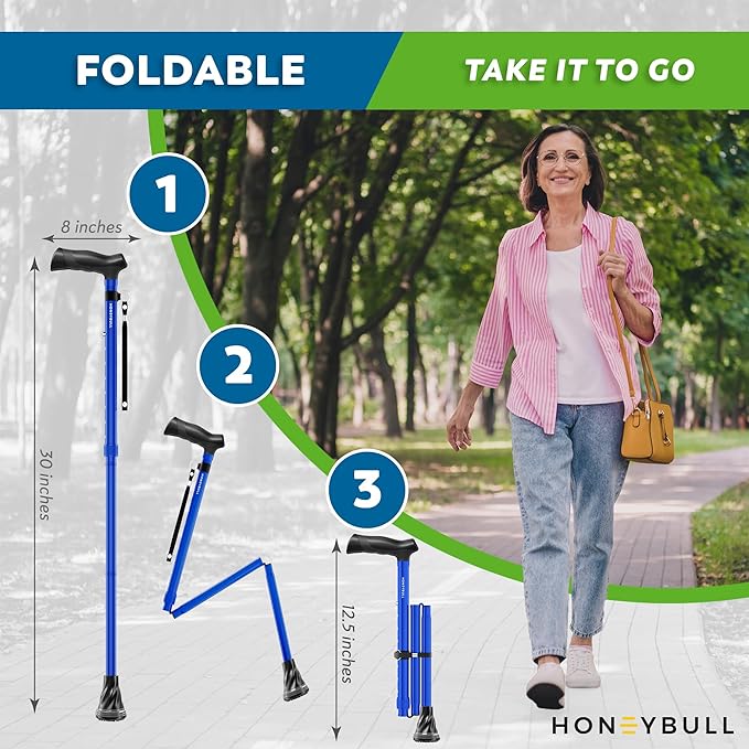 HONEYBULL Foldable Walking Cane for Seniors & Adults – Adjustable 8 Height Settings 30-37", Lightweight Collapsible Cane with Air Cushion Tip, Ergonomic Comfort Grip & Wrist Strap