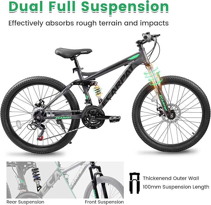 24/26/27.5 Inch Mountain Bike, Dual Full Suspension 21 Speed Womens Mens Mountain Bikes, Commuter Bike with Carbon Steel Frame and Dual Disc Brakes
