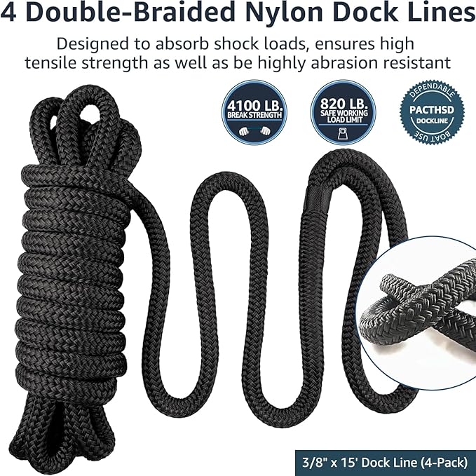 4 Pack Dock Lines 3/8" x 15' - Marine Grade Nylon Boat Ropes with 12" Eyelet for Docking and Mooring - Double Braided Boat Lines, High Strength, Easy Handling, Fray Resistant - Black