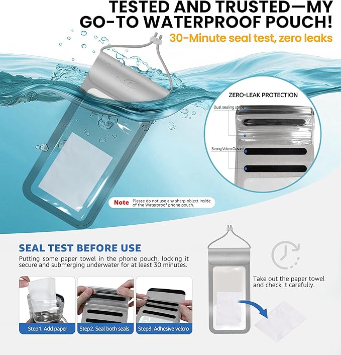 HiRui Universal Waterproof Phone Pouch with Touch Screen, IP68 Waterproof Phone Case Dry Bag for Beach, Compatible with iPhone 16/Pro/Plus/Max/15/14, Galaxy S24+/25+, Fits up to 6.9" (Silver, X-Large)