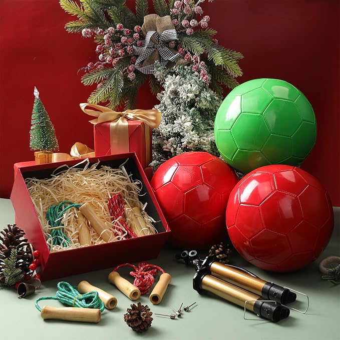 24 Sets Operation Christmas Deflated Size 5 Soccer Ball Bulk with Pump Jump Rope, Outside Soccer Sport Ball 7.25 ft Adjustable Skipping Rope