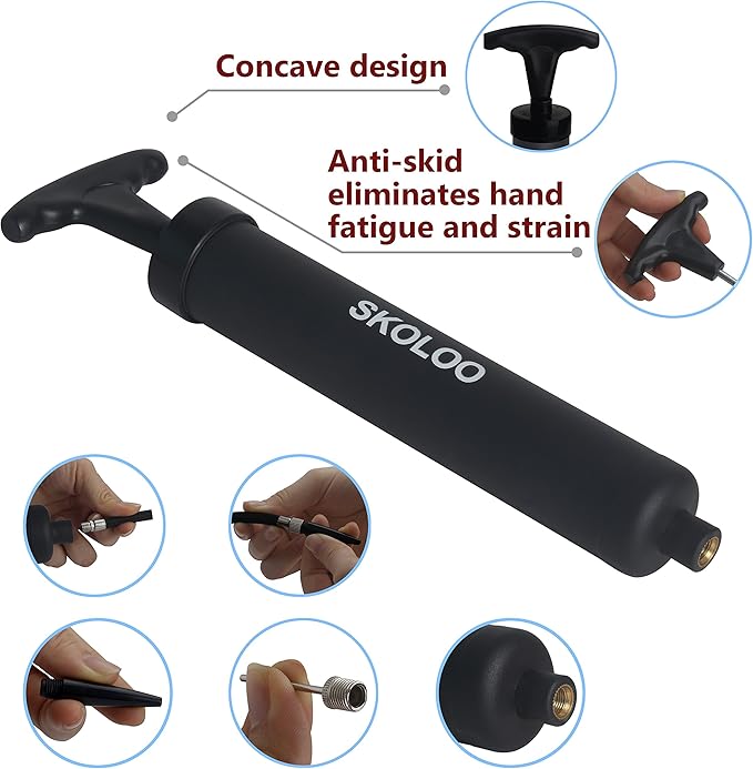 SKOLOO 10" Portable Hand Air Ball Pump Inflator Kit with Needle, Nozzle, Extension Hose for Soccer Basketball Football Volleyball Water Polo Rugby Exercise Sports Ball Balloon Swim Inflatables