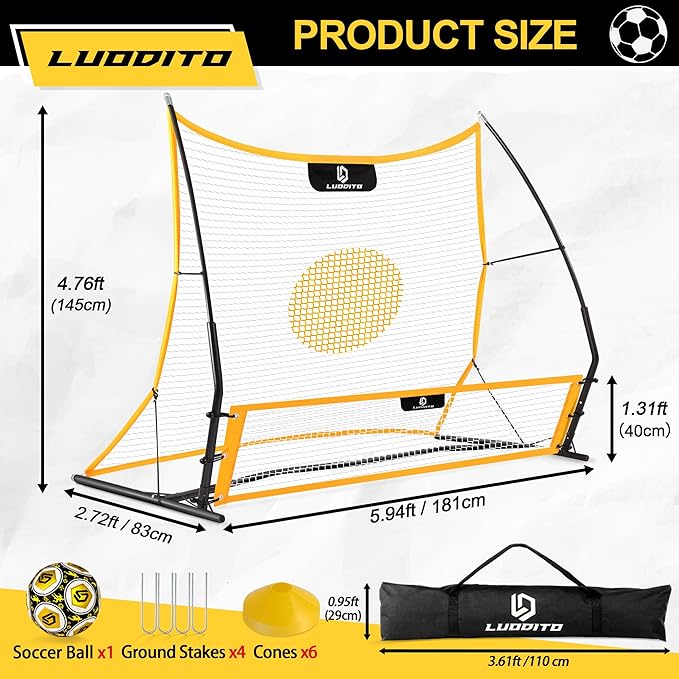 Soccer Rebounder Net, 2-in-1 Soccer Trainer, Soccer Training Equipment for Solo Passing Volley Control Practice, 6'x4.7' Large & 6'x16 Small Soccer Bounce Back Net with Ball, Carry Bag, Cones