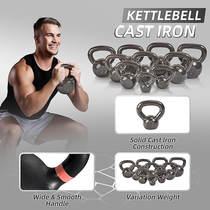 Cast Iron Kettlebell Weights for Home Gym, Heavy Duty Strength Training, Workout Equipment for HIIT, Functional Fitness
