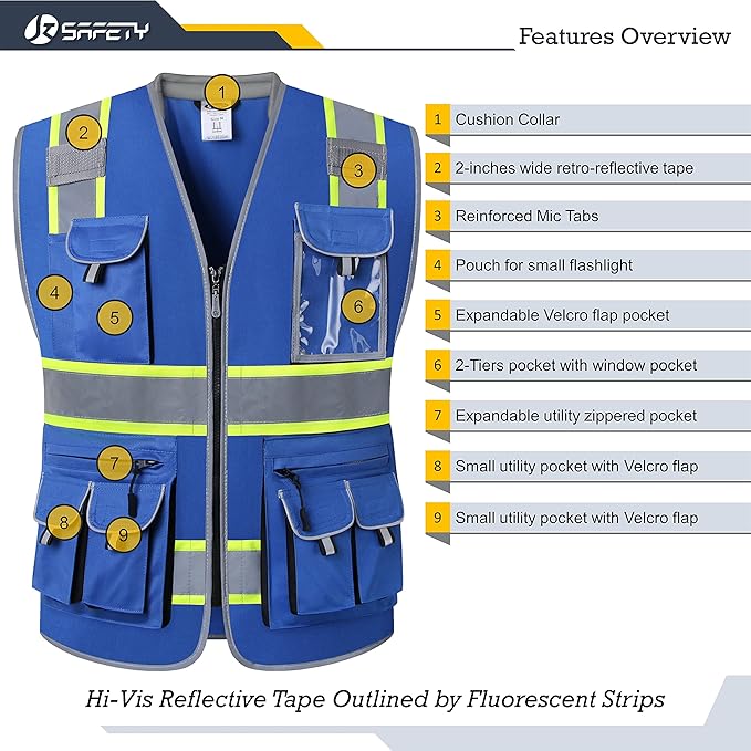JKSafety 10 Pockets Hi-Vis Zipper Front Fluorescent Blue Safety Vest | Cushioned Collar | High Reflective Tapes with Extended Neon Yellow Strips | Meets ANSI/ISEA Standards (3X-Large, 89-Blue)