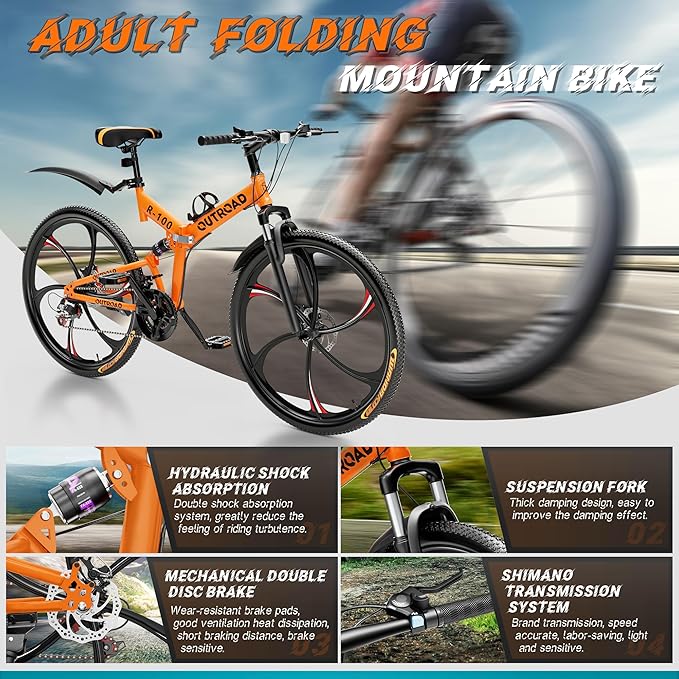 Betterland 26 Inch Folding Mountain Bike, 21 Speeds Full Suspension Foldable Bikes, Dual Disc Brake, High Carbon Steel Frame and Non-Slip Quick Release tire Bicycle for Adult