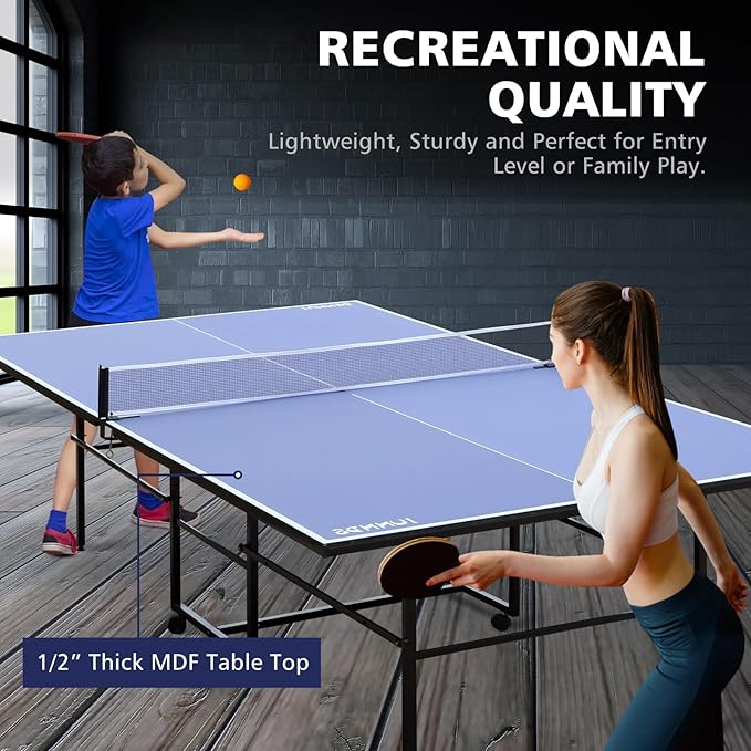 8ft/9ft Mid-Size Table Tennis Table Foldable & Portable Ping Pong Table Set for Indoor Games with Net, 2 Table Tennis Paddles and 3 Balls