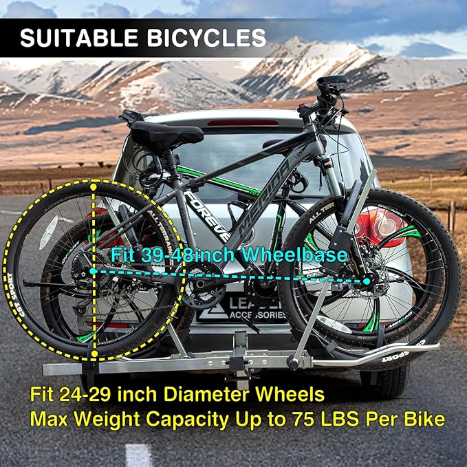 Leader Accessories Hitch Bike Rack, Carry 2 Bikes up to 75 lbs Each for Standard, Fat Tire and Electric Bicycles - Foldable Ebike Rack for Car, Truck, RV and SUV with 2-inch Receiver - Stainless Steel