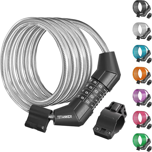Titanker Bike Lock Cable, 4 Feet Bike Cable Lock Basic Self Coiling Kids Bike Lock Combination with Complimentary Mounting Bracket, 5/16 Inch Diameter (4FT, White-8mm)