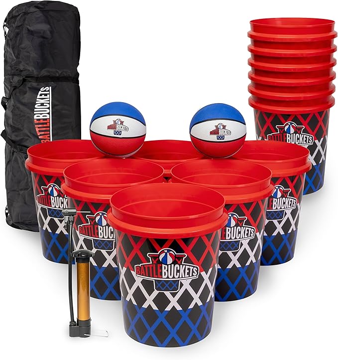 Battle Buckets – Giant Yard Pong and Basketball Game with 12 Buckets, 2 Balls, Carrying Bag, and Air Pump – Outdoor Game for Lawn, Backyard, Beach, and Parties