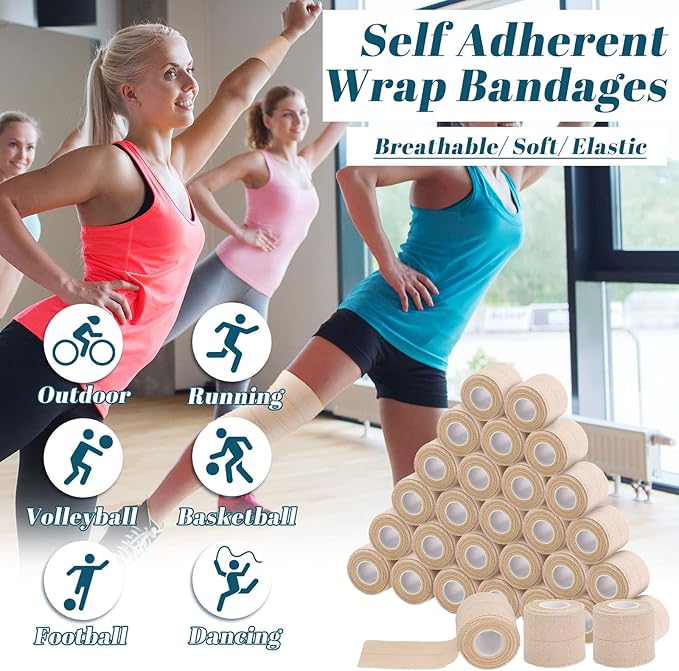 30 Rolls Adhesive Elastic Tape Bandage Tape Self Adhesive Wrap Elastic Flexible Stretch Bandages for Sports Ankle Knee and Wrist Sprains Animal Pets(2 Inch x 5 Yard)