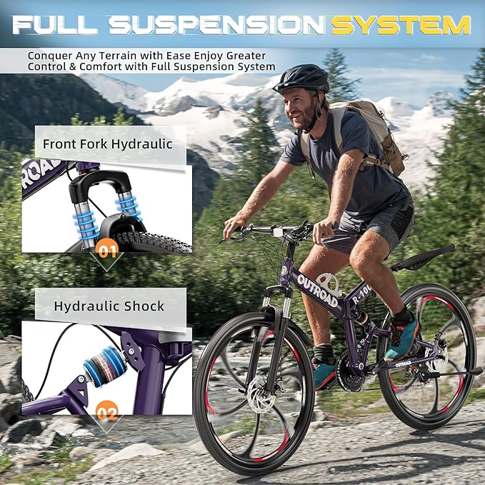 26 ich Folding Mountain Bike, 21 Speed High Carbon Steel Mountain Bike for Adults with 26 Inches Durable Tires, Front Suspension Folding Bicycle for Women and Man