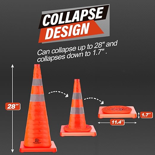RoadHero 28 Inch 8 Pack Collapsible Traffic Cones, Multi Purpose Pop-up Orange Cones with Reflective Collar for Road Safety, Parking Cones for Sports, Driving Training