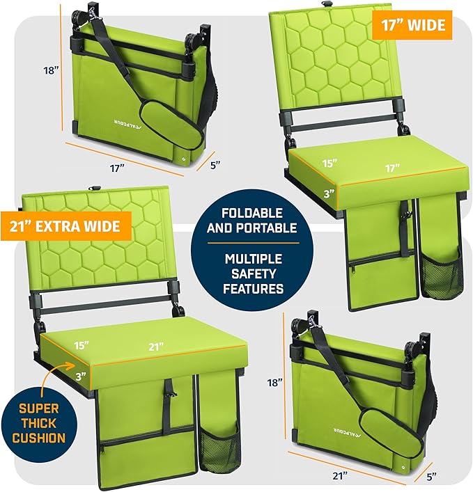 Folding Reclining Stadium Seats with Back Support for Bleachers, Bleacher Chairs with Back and Cushion Seating for Football, Camping Chair, Kayak Seat, Canoe, Paddle Board, Concerts, & Sports Events