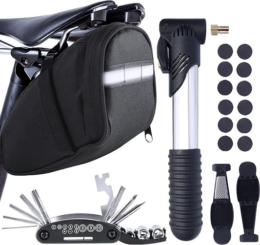 Bike Repair Kit, Saddle Bag with Tire Tool, Mini Pump, Multitool Bicycle Accessories Set for Adult Bikes Road Mountain MTB