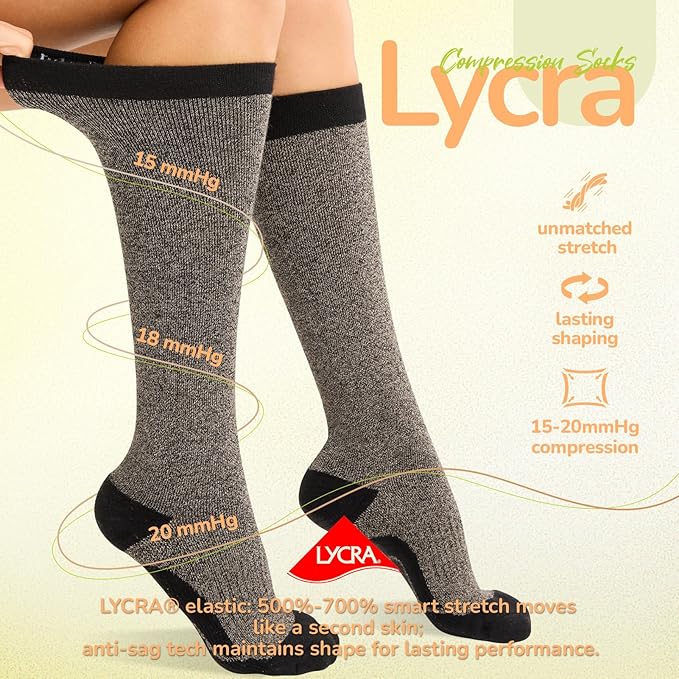 Merino Wool Compression Socks for Women Men, 15-20 mmHg, Soft & Breathable for Travel, Running, Pregnancy