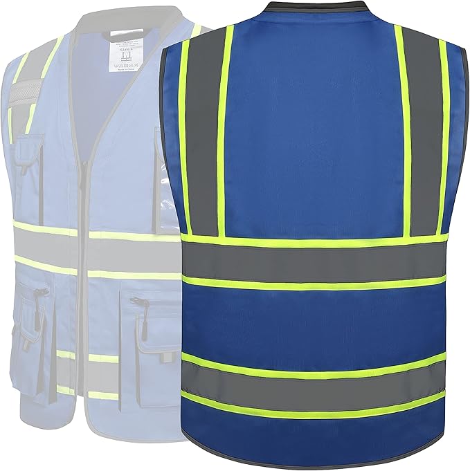 JKSafety 10 Pockets Hi-Vis Zipper Front Fluorescent Blue Safety Vest | Cushioned Collar | High Reflective Tapes with Extended Neon Yellow Strips | Meets ANSI/ISEA Standards (4X-Large, 89-Blue)