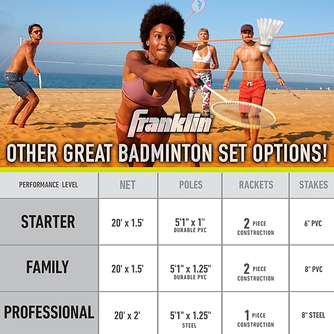 Franklin Sports Badminton Set - Portable Backyard + Beach Badminton Set - Adult + Kids 4 Player Badminton Net Set - (4) Rackets + (2) Birdies Included - Advanced