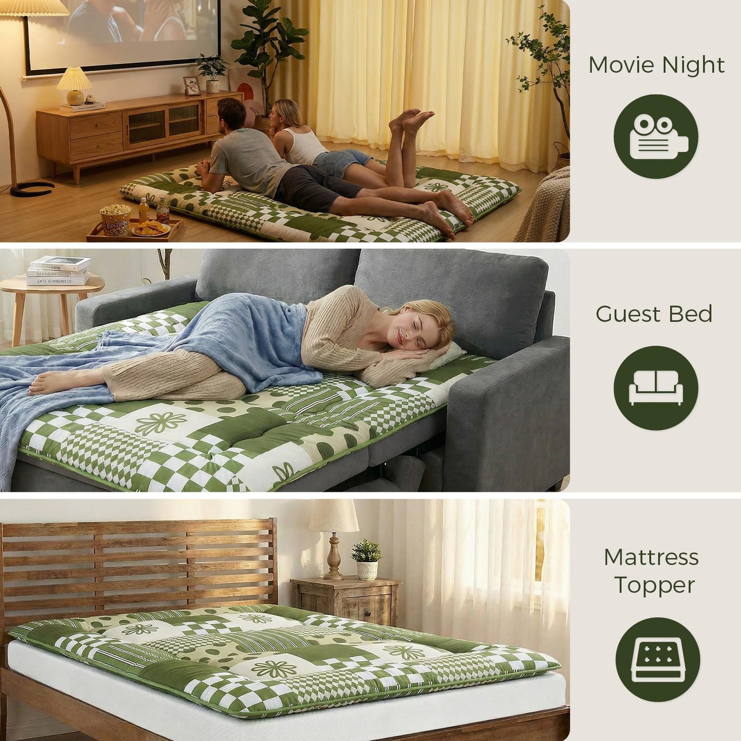 XICIKIN 2.5" Japanese Floor Mattress, Foldable Floor Mattress with Washable Cover Japanese Futon for Camping, Guest (Green Checkerboard, Twin)