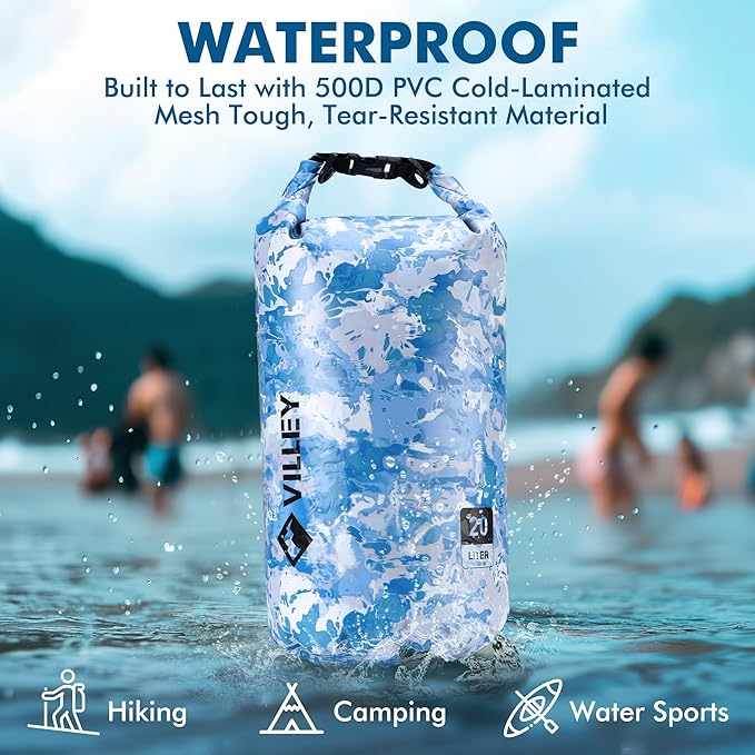 VILLEY Dry Bag Waterproof 20L Roll Top Sack Keeps Gear Dry Lightweight Sack for Kayaking Boating Camping Swimming and Beach Adventures Blue Camo