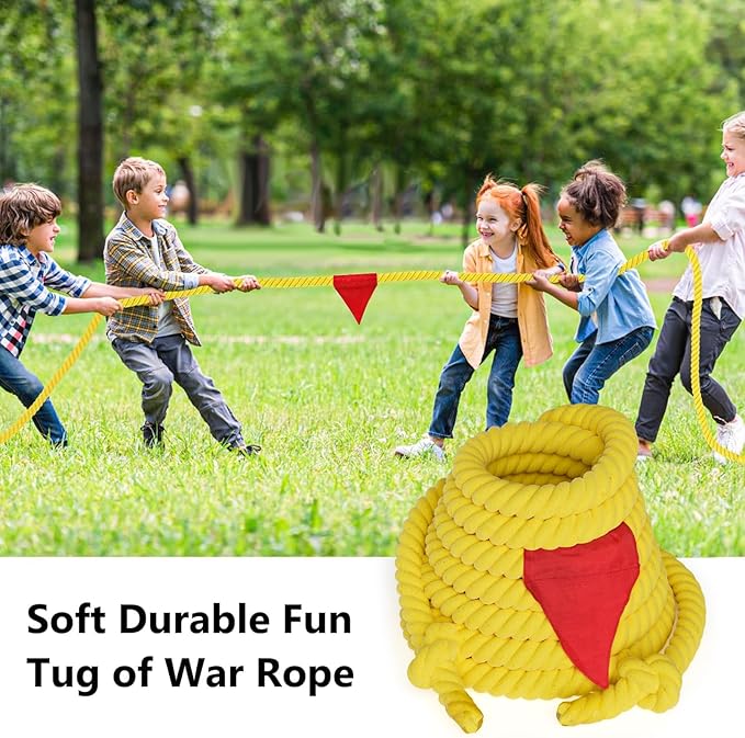 X XBEN Tug of War Rope with Flag for Kids, Teens and Adults 20FT, Soft Cotton Rope Games for Team Building Activities, Family Reunion, Birthday Party Yellow