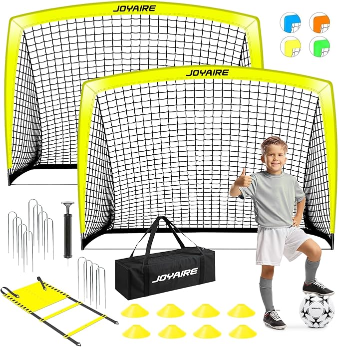 Kids Soccer Goals for Backyard Set, Portable Toddler Soccer Goal 2 of 4x3 ft, 6x4 ft, 7x5 ft, Soccer Training Equipment, Pop Up Soccer Net Kit with Size 4 Soccer Ball, Youth Games, Outdoor Sports Play