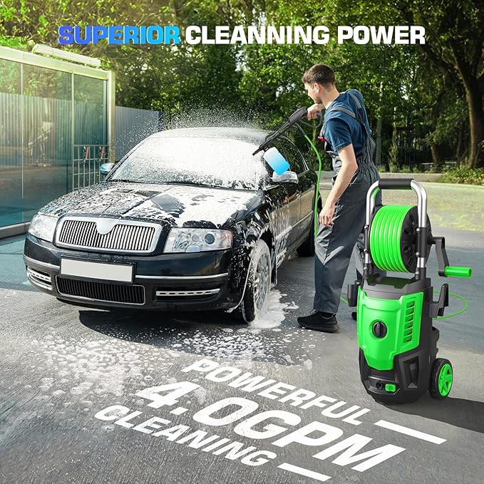 4800 PSI Pressure Cleaner- 4.0 GPM High Power Cleaner with 33FT Hose Reel, 4 Spray Tips and Soap Bottle for Car Washing, Fence Cleaning, Patio Maintenance（Upgraded）(Light Green)