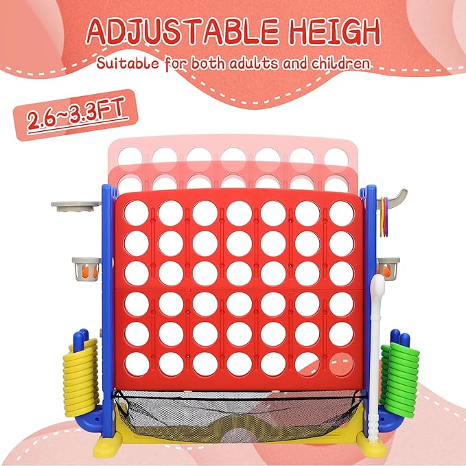 Giant 4 in A Row Game, Height Adjust Connect 4 Jumbo Yard Game Set for Kids & Adults with Mesh Catching Bag, Golf, Basketball Hoop & Ring Toss, 4-to-Score Games for Indoor/ Outdoor Fun