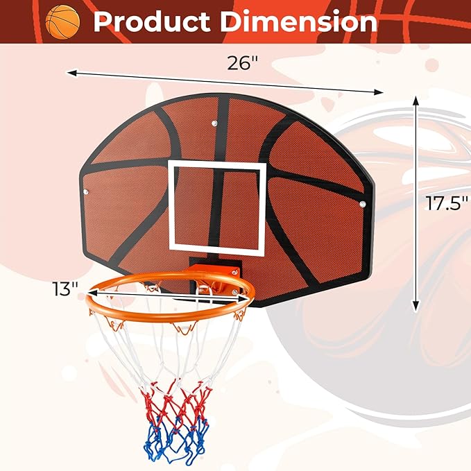 Goplus Wall Mount Basketball Hoop, 26" x 17.5" Indoor Outdoor Basketball Games w/Large Shatter-Proof Backboard, Anti-Tear Net, Door Wall Mounted Basketball Playset for Backyard Family Kids Adults