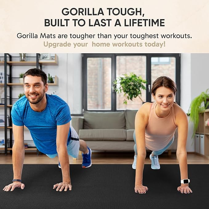 Gorilla Mats Premium Large Exercise Mat – 6x4', 7x4', x7x5', 8x4', 10x4' (1/4" Thick) Ultra Durable, Non-Slip, Workout Mat for Instant Home Gym Flooring – Great on Any Floor – Use With or Without Shoes