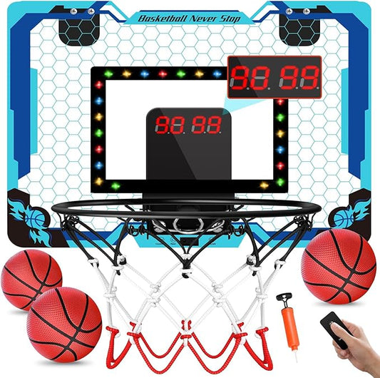 Basketball Hoop Indoor with Electronic Scoreboard & Timer, LED Light Mini Basketball Hoop for Kids, Over The Door, Basketball Gifts Toys for 3-12 Year Old Boys Girls (Blue)