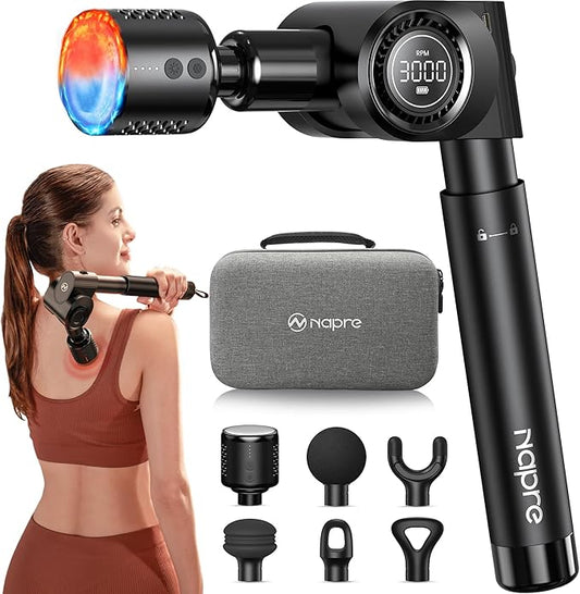 Massage Gun with Heat and Cold Head,Deep Tissue Percussion Back Massager for Muscle/Neck/Body Pain Relief with Long Extension Retractable Handle,32-Speeds,Foldable with 5 Adjustable Angles