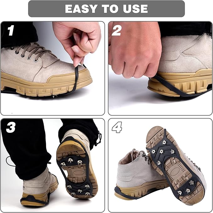 EROCK 2PCS Ice Cleats Snow Traction for Shoes and Boots, Ice Grips Traction Rubber Crampons, 8 Studs Non-Slip Overshoe Spikes Crampons Slip-on Stretch Footwear Winter Hiking Climbing Ice Fishing