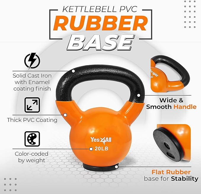 Yes4All Kettlebells Rubber Base, Kettlebell Set for Women, Strength Training Kettlebells Weights (10-65 lbs)