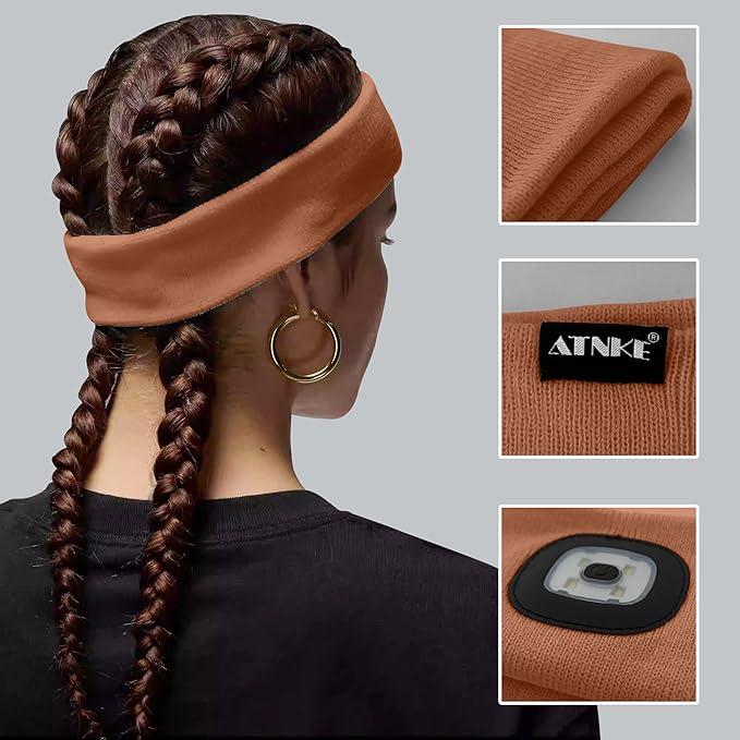 ATNKE 4 LED Lighted Sport Sweatband,USB Rechargeable Running Head Band Lamp High Stretch Wicking Gifts for Men and Women
