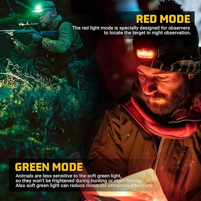 Headlamp Rechargeable, 1300 Lumen Ultra-Bright Head Lamp with Red Light, Waterproof Motion Sensor Head Lights for Forehead with White Green, 14 Modes Adjustable Headlight for Camping