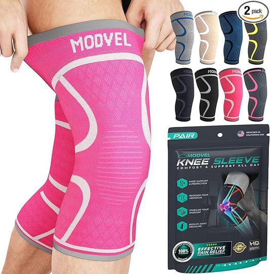 Modvel Compression Knee Brace for Women & Men - 2 Pack Knee Brace for Women Running Knee Pain, Knee Support Compression Sleeve, Workout Sports Knee Braces for Meniscus Tear ACL & Arthritis Pain Relief