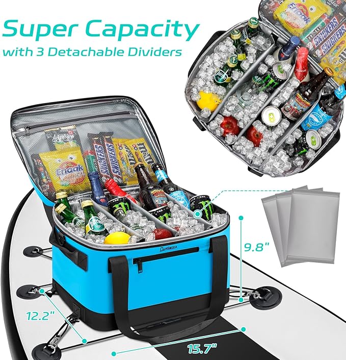 Paddle Board Cooler Waterproof, Super Capacity SUP Paddleboard Deck Cooler with Shoulder Strap & 6 Elastic Rope Clips, Paddle Board Accessories Bag for Stand Up Paddleboard and Kayak