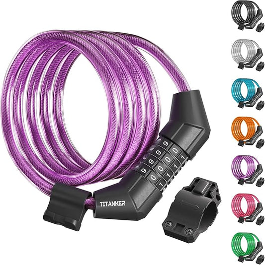 Titanker Bike Lock Cable, 4 Feet Bike Cable Lock Basic Self Coiling Kids Bike Lock Combination with Complimentary Mounting Bracket, 5/16 Inch Diameter (4FT, Purple-8mm)
