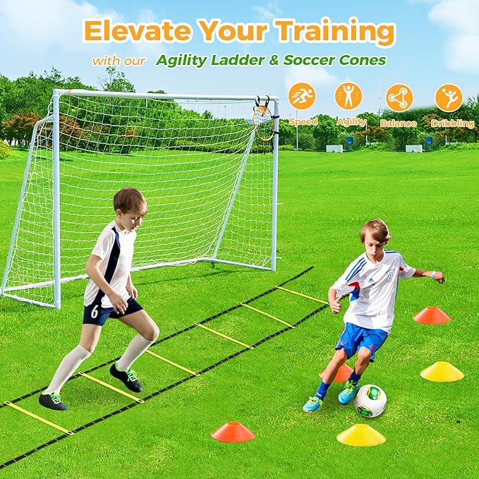 Soccer Goal 12x6,10x6.5, 8x6, 6x4FT Soccer Goals for Backyard Metal Soccer Goals for Kids Youth Adults Large Outdoor 2" Steel Soccer Goal Post Frame with Soccer Net Target Net Portable Agility Ladder