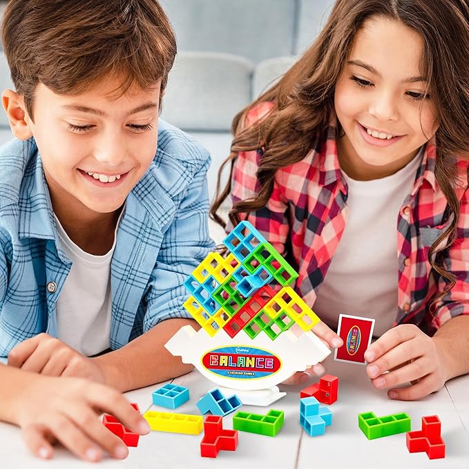 FAVANTIME 32pcs Stacking Game Tetra Balance Tower Stacking Blocks Board Games for 1-4 Players Family Games for Kids, Adults, Party, Travel Team Building Blocks Toys