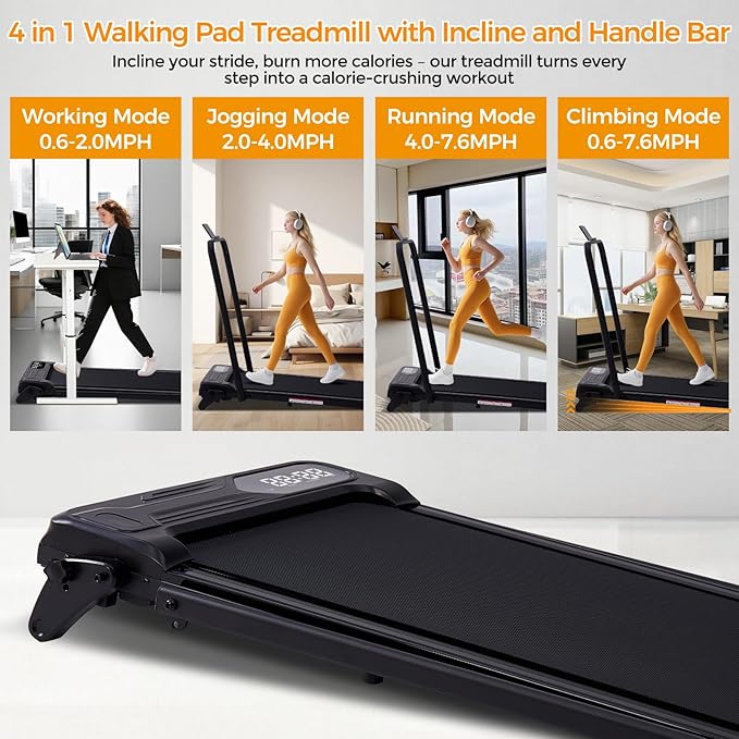 Portable Foldable Walking Pad with Handle Bar and Adjustable Incline, Under Desk Walking Pads Treadmill with Incline and Handles, 3.5HP Folding Electric Treadmills for Home Small, 0.6-7.6MPH, 350LBS