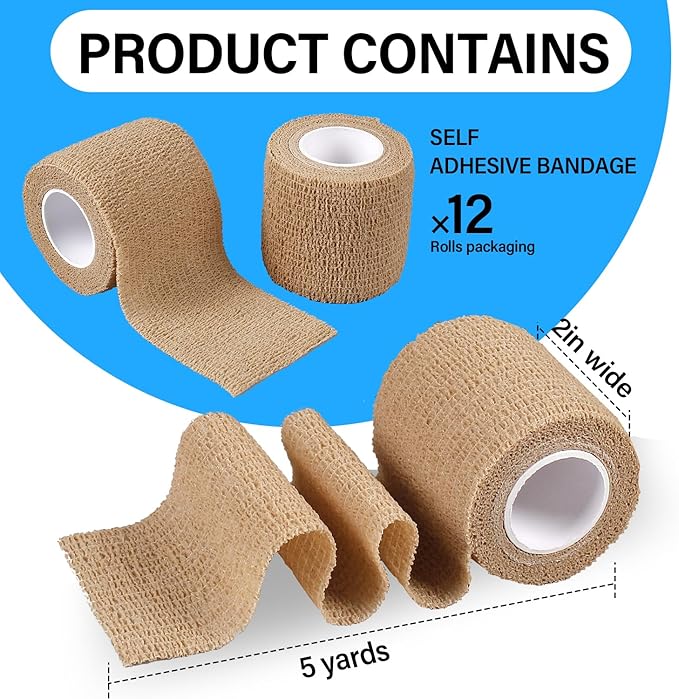 OZER 12 Pack 2 Inch x 5 Yards Self Adhesive Bandage Breathable Cohesive Bandage Wrap Rolls Elastic Self-Adherent Tape for Stretch Athletic, Sports, Wrist, Ankle (Tan, 2 Inch)